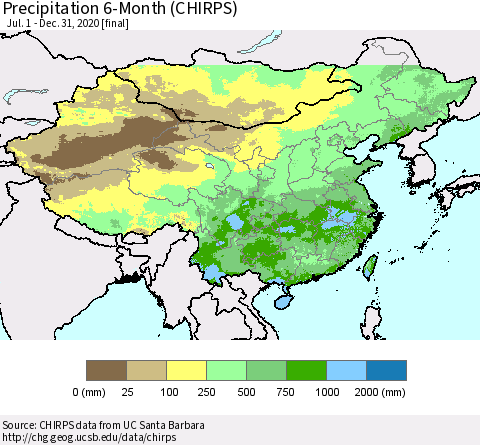 China and Taiwan Precipitation 6-Month (CHIRPS) Thematic Map For 7/1/2020 - 12/31/2020
