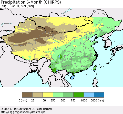 China and Taiwan Precipitation 6-Month (CHIRPS) Thematic Map For 8/1/2020 - 1/31/2021
