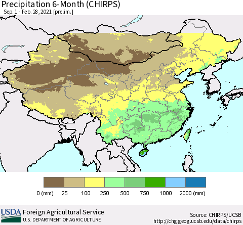 China and Taiwan Precipitation 6-Month (CHIRPS) Thematic Map For 9/1/2020 - 2/28/2021