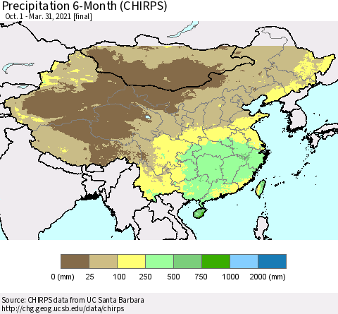 China and Taiwan Precipitation 6-Month (CHIRPS) Thematic Map For 10/1/2020 - 3/31/2021