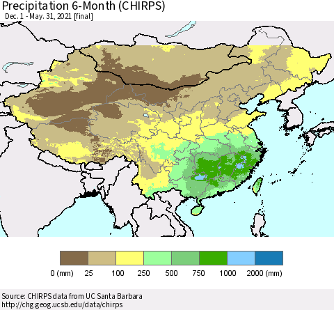China, Mongolia and Taiwan Precipitation 6-Month (CHIRPS) Thematic Map For 12/1/2020 - 5/31/2021