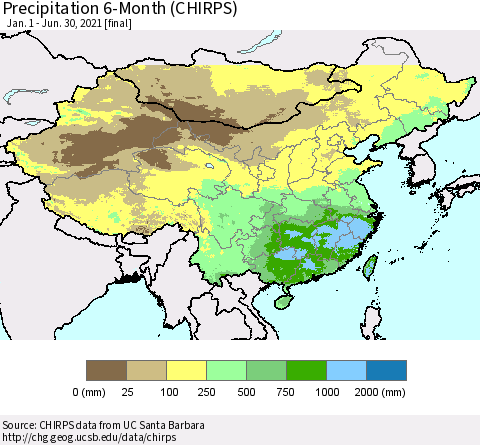 China and Taiwan Precipitation 6-Month (CHIRPS) Thematic Map For 1/1/2021 - 6/30/2021