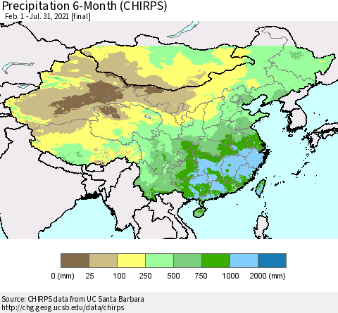 China and Taiwan Precipitation 6-Month (CHIRPS) Thematic Map For 2/1/2021 - 7/31/2021