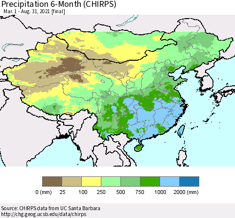 China and Taiwan Precipitation 6-Month (CHIRPS) Thematic Map For 3/1/2021 - 8/31/2021