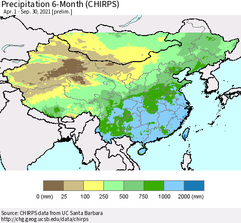 China and Taiwan Precipitation 6-Month (CHIRPS) Thematic Map For 4/1/2021 - 9/30/2021
