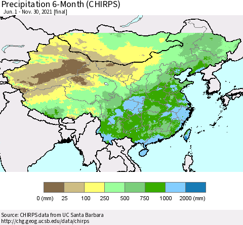 China and Taiwan Precipitation 6-Month (CHIRPS) Thematic Map For 6/1/2021 - 11/30/2021