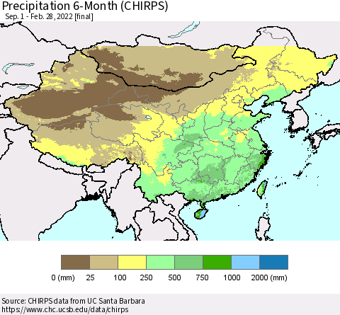 China, Mongolia and Taiwan Precipitation 6-Month (CHIRPS) Thematic Map For 9/1/2021 - 2/28/2022