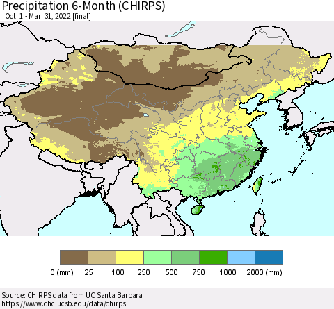 China and Taiwan Precipitation 6-Month (CHIRPS) Thematic Map For 10/1/2021 - 3/31/2022