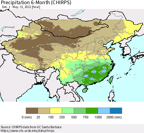 China and Taiwan Precipitation 6-Month (CHIRPS) Thematic Map For 12/1/2021 - 5/31/2022