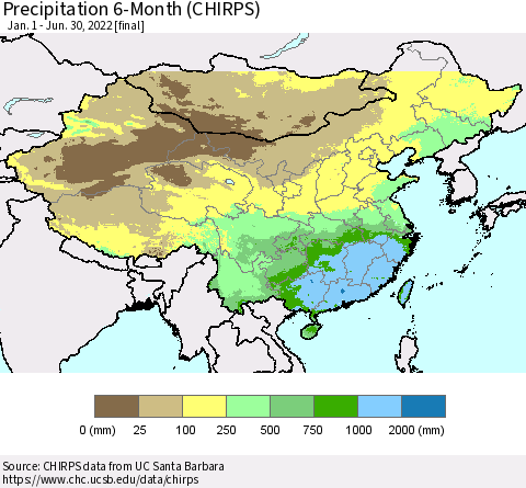 China and Taiwan Precipitation 6-Month (CHIRPS) Thematic Map For 1/1/2022 - 6/30/2022