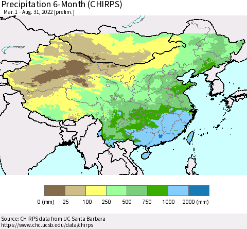 China and Taiwan Precipitation 6-Month (CHIRPS) Thematic Map For 3/1/2022 - 8/31/2022