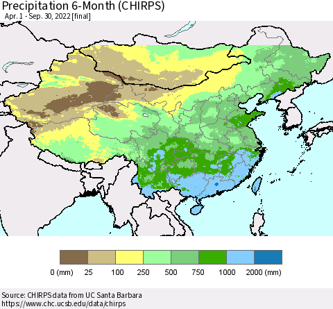 China and Taiwan Precipitation 6-Month (CHIRPS) Thematic Map For 4/1/2022 - 9/30/2022