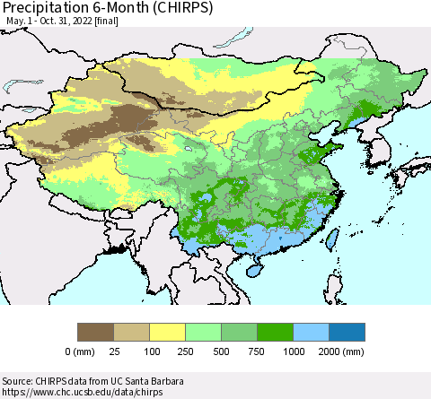 China, Mongolia and Taiwan Precipitation 6-Month (CHIRPS) Thematic Map For 5/1/2022 - 10/31/2022
