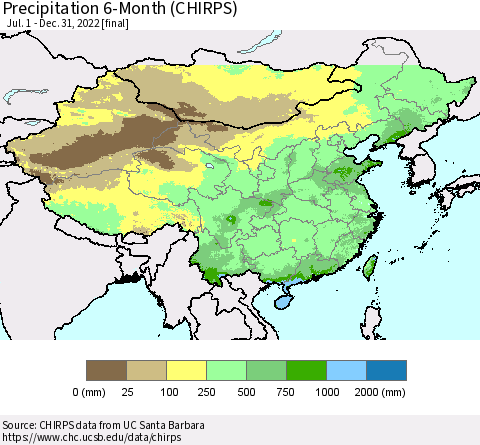 China and Taiwan Precipitation 6-Month (CHIRPS) Thematic Map For 7/1/2022 - 12/31/2022