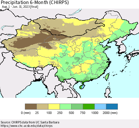 China, Mongolia and Taiwan Precipitation 6-Month (CHIRPS) Thematic Map For 8/1/2022 - 1/31/2023