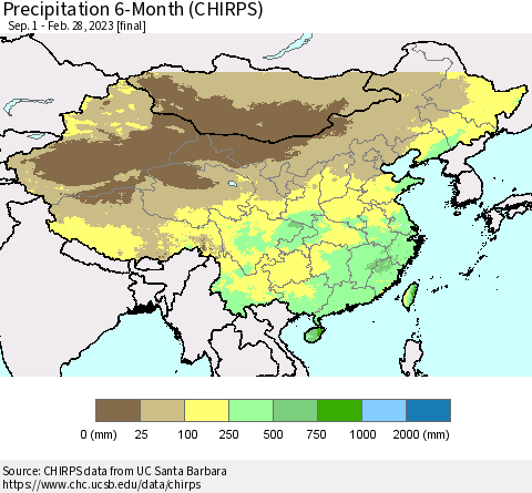 China and Taiwan Precipitation 6-Month (CHIRPS) Thematic Map For 9/1/2022 - 2/28/2023