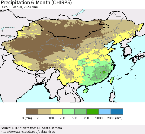 China and Taiwan Precipitation 6-Month (CHIRPS) Thematic Map For 10/1/2022 - 3/31/2023