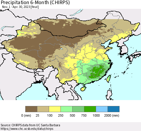 China and Taiwan Precipitation 6-Month (CHIRPS) Thematic Map For 11/1/2022 - 4/30/2023