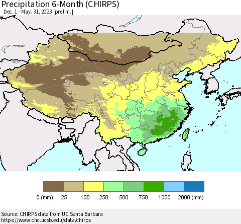 China and Taiwan Precipitation 6-Month (CHIRPS) Thematic Map For 12/1/2022 - 5/31/2023