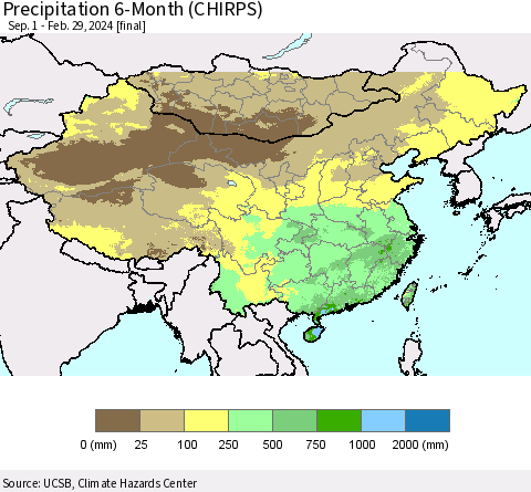 China, Mongolia and Taiwan Precipitation 6-Month (CHIRPS) Thematic Map For 9/1/2023 - 2/29/2024