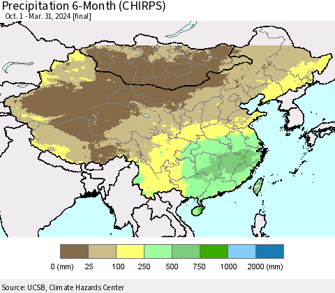China, Mongolia and Taiwan Precipitation 6-Month (CHIRPS) Thematic Map For 10/1/2023 - 3/31/2024