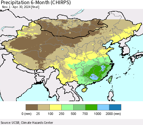 China, Mongolia and Taiwan Precipitation 6-Month (CHIRPS) Thematic Map For 11/1/2023 - 4/30/2024