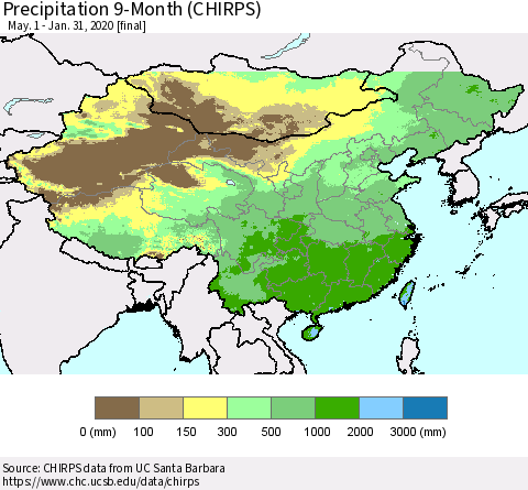 China and Taiwan Precipitation 9-Month (CHIRPS) Thematic Map For 5/1/2019 - 1/31/2020