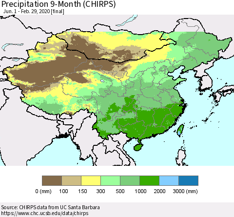 China, Mongolia and Taiwan Precipitation 9-Month (CHIRPS) Thematic Map For 6/1/2019 - 2/29/2020