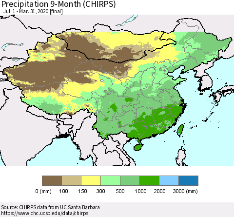 China, Mongolia and Taiwan Precipitation 9-Month (CHIRPS) Thematic Map For 7/1/2019 - 3/31/2020