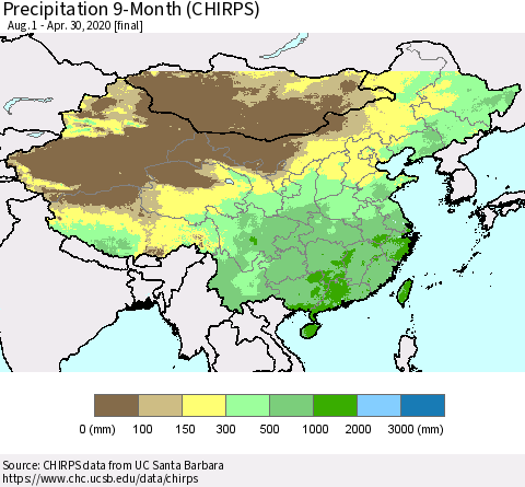 China, Mongolia and Taiwan Precipitation 9-Month (CHIRPS) Thematic Map For 8/1/2019 - 4/30/2020