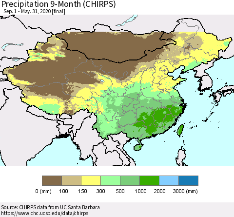 China and Taiwan Precipitation 9-Month (CHIRPS) Thematic Map For 9/1/2019 - 5/31/2020