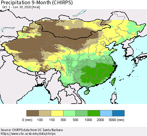 China and Taiwan Precipitation 9-Month (CHIRPS) Thematic Map For 10/1/2019 - 6/30/2020