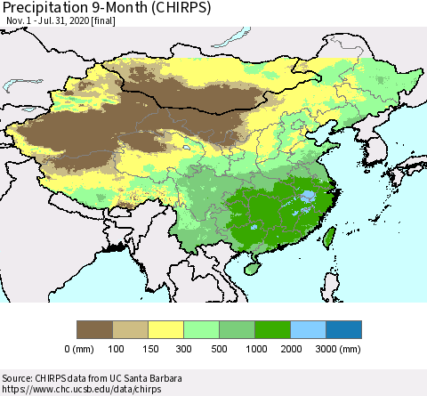 China and Taiwan Precipitation 9-Month (CHIRPS) Thematic Map For 11/1/2019 - 7/31/2020