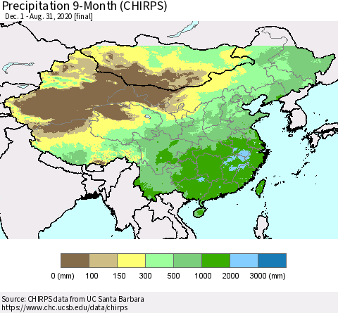 China and Taiwan Precipitation 9-Month (CHIRPS) Thematic Map For 12/1/2019 - 8/31/2020