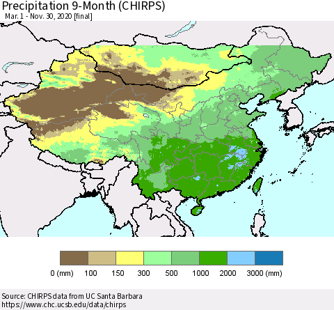China and Taiwan Precipitation 9-Month (CHIRPS) Thematic Map For 3/1/2020 - 11/30/2020