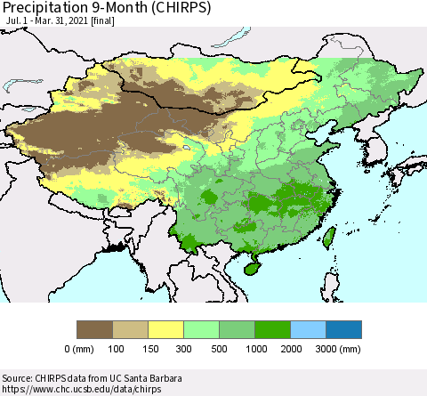 China, Mongolia and Taiwan Precipitation 9-Month (CHIRPS) Thematic Map For 7/1/2020 - 3/31/2021