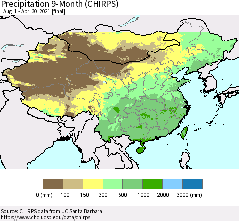 China, Mongolia and Taiwan Precipitation 9-Month (CHIRPS) Thematic Map For 8/1/2020 - 4/30/2021