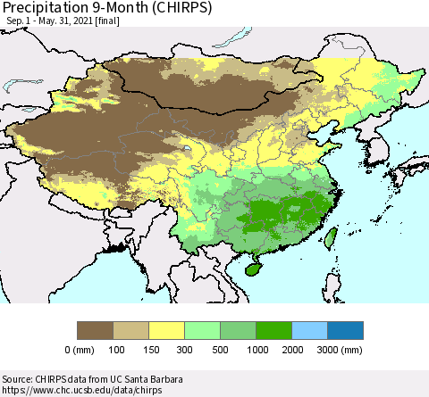 China and Taiwan Precipitation 9-Month (CHIRPS) Thematic Map For 9/1/2020 - 5/31/2021