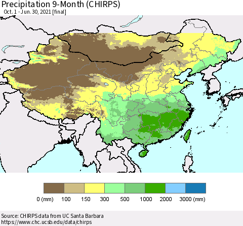China and Taiwan Precipitation 9-Month (CHIRPS) Thematic Map For 10/1/2020 - 6/30/2021