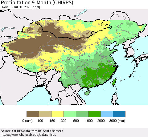 China and Taiwan Precipitation 9-Month (CHIRPS) Thematic Map For 11/1/2020 - 7/31/2021