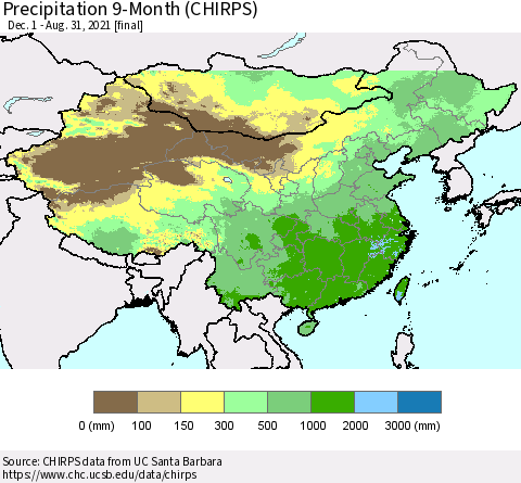 China, Mongolia and Taiwan Precipitation 9-Month (CHIRPS) Thematic Map For 12/1/2020 - 8/31/2021