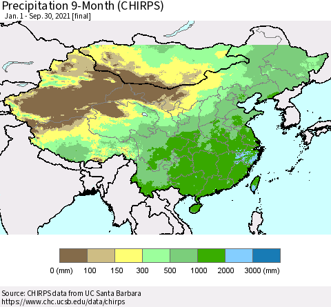 China and Taiwan Precipitation 9-Month (CHIRPS) Thematic Map For 1/1/2021 - 9/30/2021