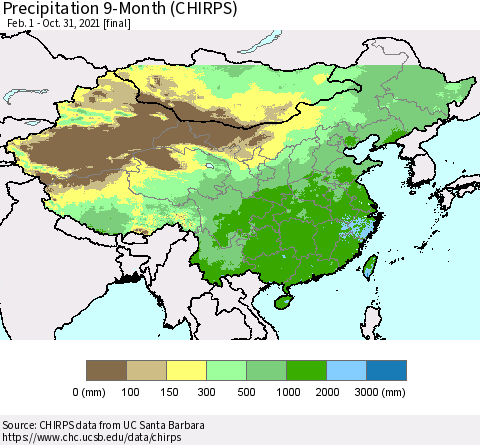 China and Taiwan Precipitation 9-Month (CHIRPS) Thematic Map For 2/1/2021 - 10/31/2021