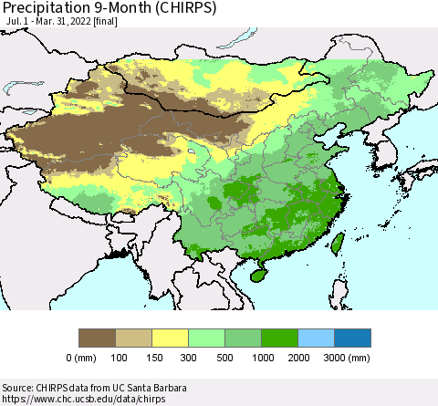 China and Taiwan Precipitation 9-Month (CHIRPS) Thematic Map For 7/1/2021 - 3/31/2022