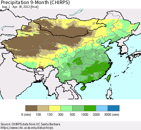 China, Mongolia and Taiwan Precipitation 9-Month (CHIRPS) Thematic Map For 8/1/2021 - 4/30/2022