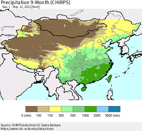 China and Taiwan Precipitation 9-Month (CHIRPS) Thematic Map For 9/1/2021 - 5/31/2022