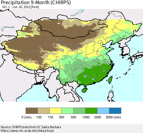 China, Mongolia and Taiwan Precipitation 9-Month (CHIRPS) Thematic Map For 10/1/2021 - 6/30/2022