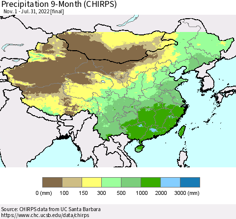 China and Taiwan Precipitation 9-Month (CHIRPS) Thematic Map For 11/1/2021 - 7/31/2022