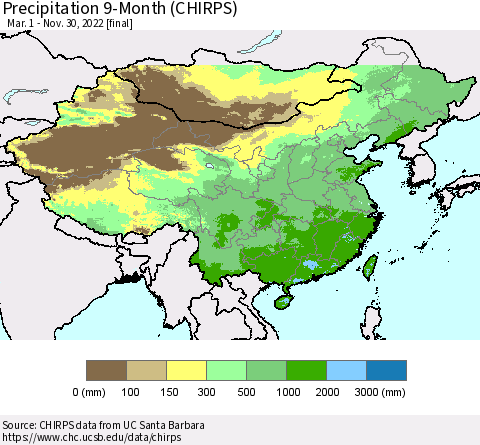 China and Taiwan Precipitation 9-Month (CHIRPS) Thematic Map For 3/1/2022 - 11/30/2022