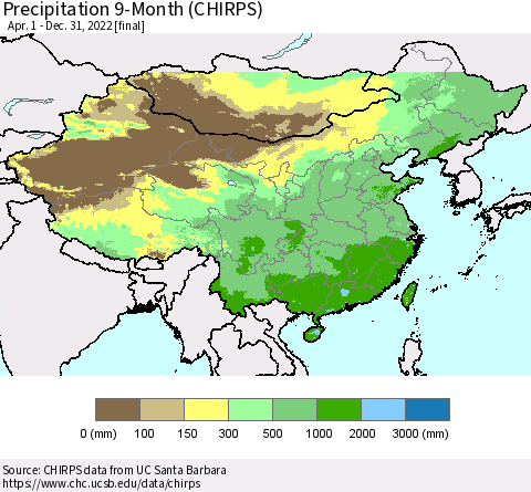 China and Taiwan Precipitation 9-Month (CHIRPS) Thematic Map For 4/1/2022 - 12/31/2022